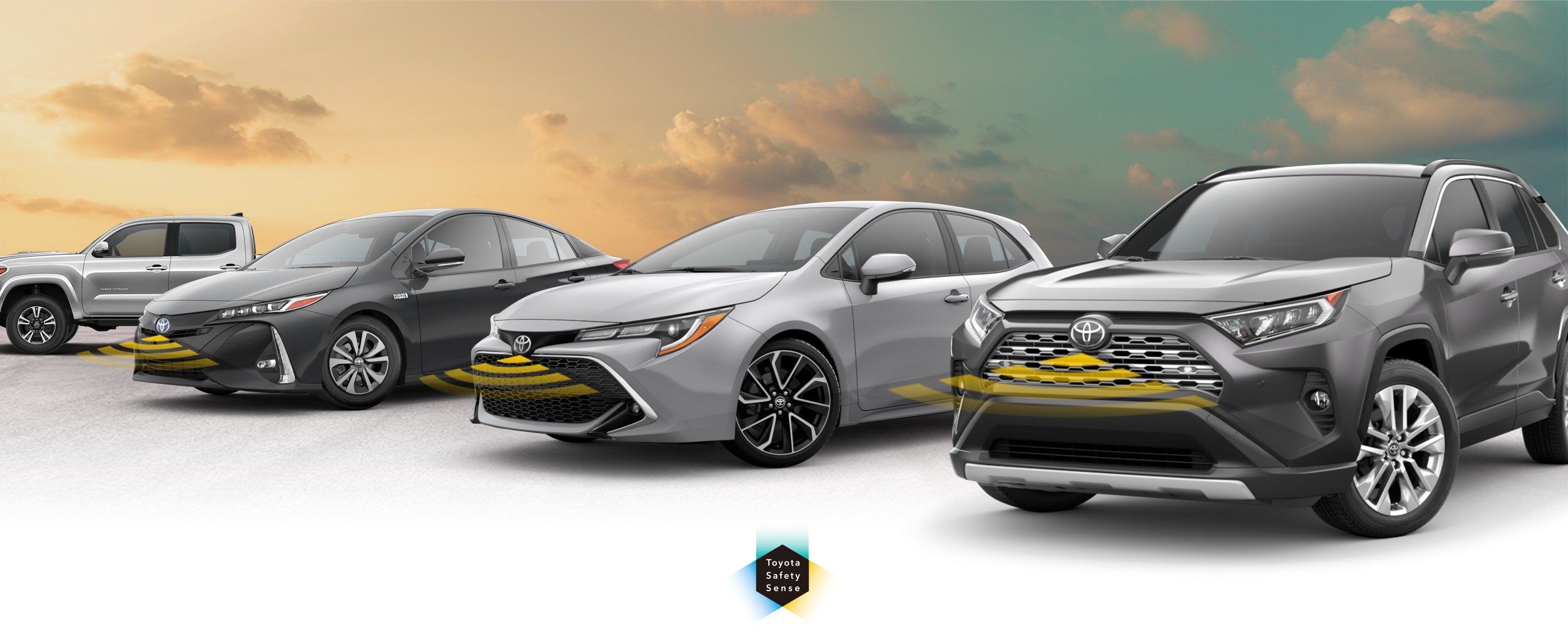 Toyota Safety Sense: Designed for Safety. Options shown on Toyota models including RAV4, Tacoma, and Camry, available now at Shared Inventory - Toyota of Denton in Denton TX.